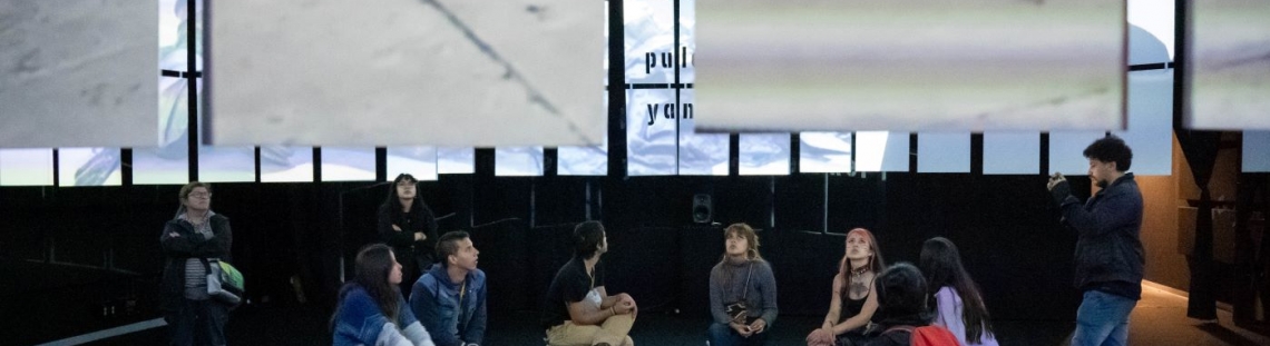 Varias personas sentadas en círculo  viendo una presentación de mapping en una sala oscura