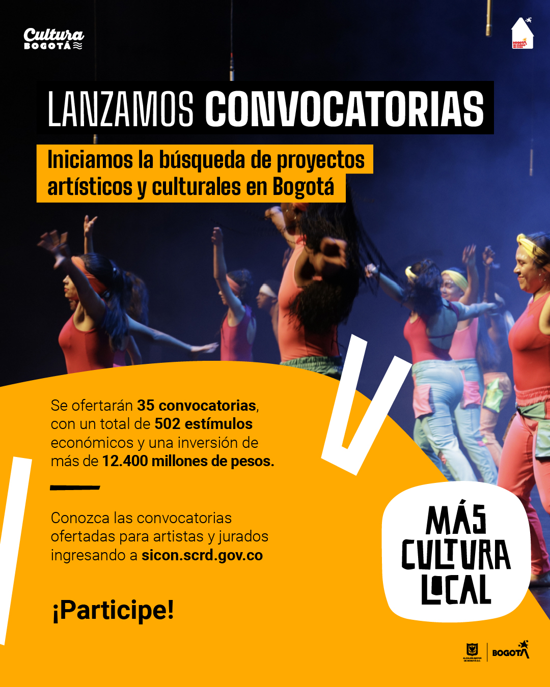 Pieza gráfica de lanzamiento del programa Más Cultura Local, imagen de fondo bailarines en escena