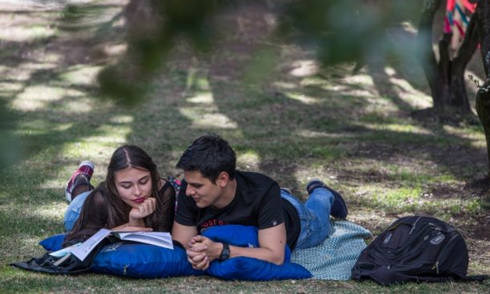 Pareja lee un libro.