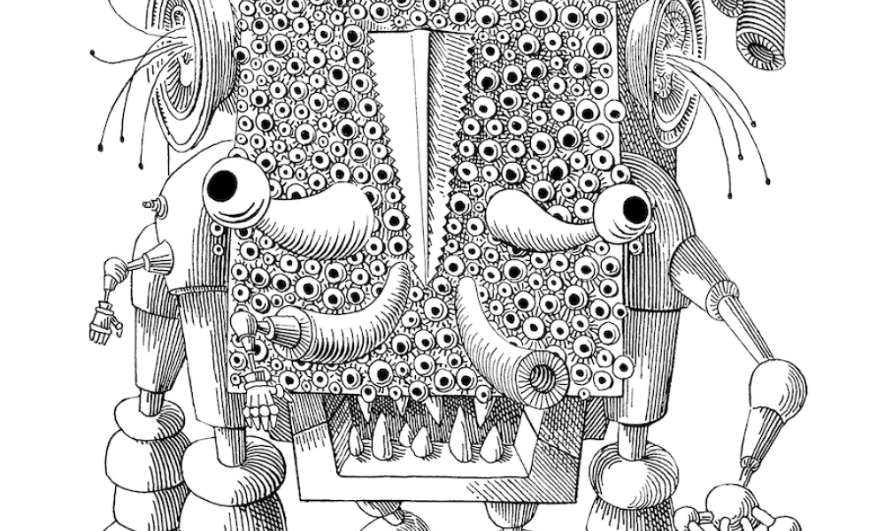 Ilustración en blanco y negro de un personaje cuadrado con muchos ojos. 