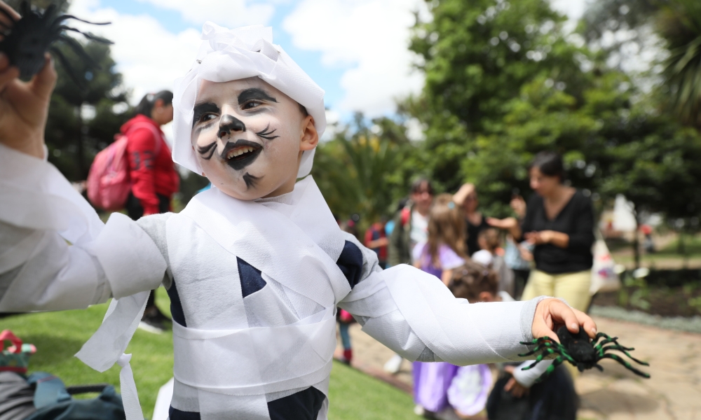 Niño disfrazado de momia con dos arañas en las manos juega en el parque de día.