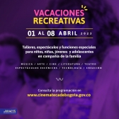 Pieza gráfica con fondo lila con la información de las vacaciones recreativas de la Cinemateca de Bogotá
