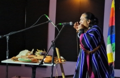 Indígena con vestimenta azul tocando flauta en escenario