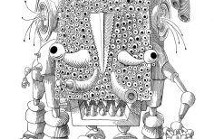 Ilustración en blanco y negro de un personaje cuadrado con muchos ojos. 