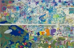 pintura de la ciudad de Bogotá en tonos azules, realizada por niños del Programa Crea
