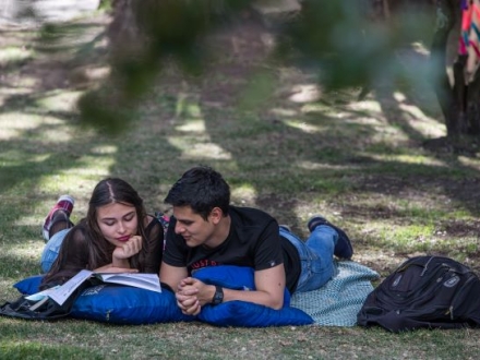 Pareja lee un libro.