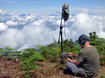 Hombre con instrumentos sonoros en una montaña