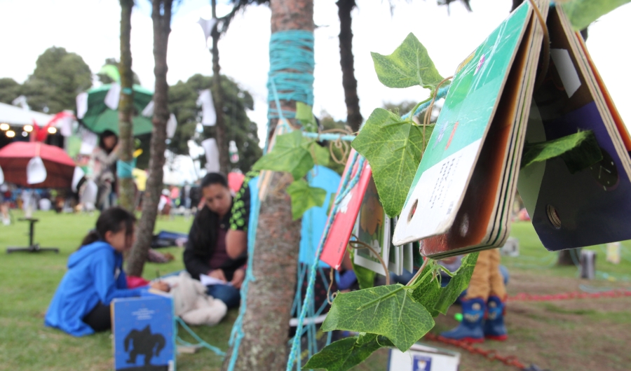 Niños participando en una actividad de lectura al aire libre.