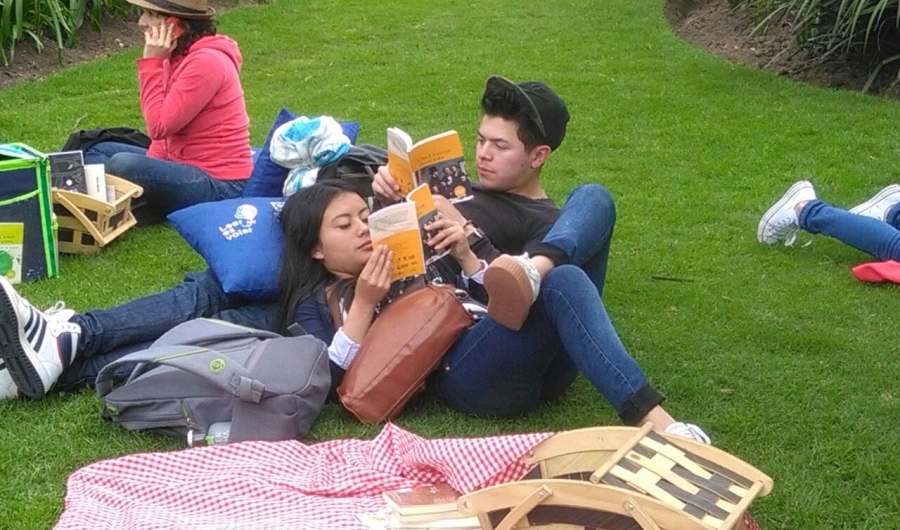 Hombre y mujer con libros al aire libre, recostados en el prado