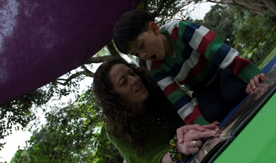 Personas disfrutando de una actividad de lectura al aire libre.