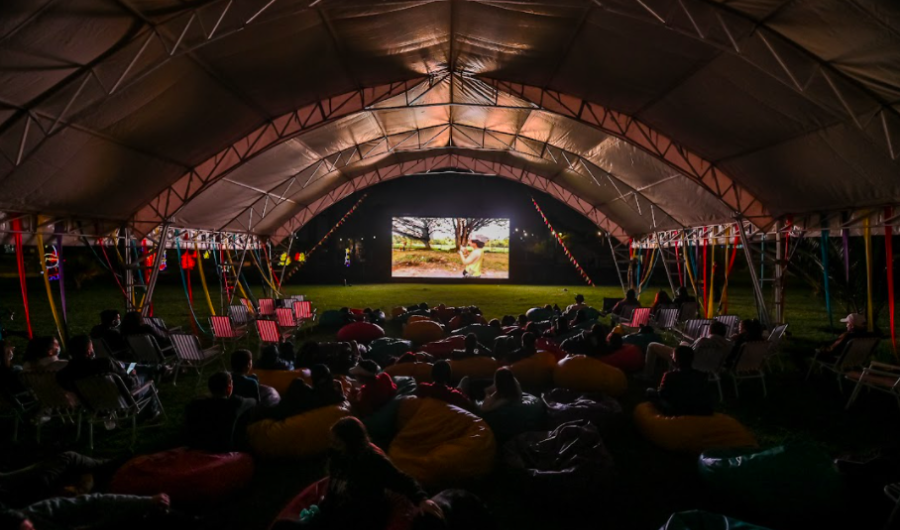 Personas en el parque viendo cine 