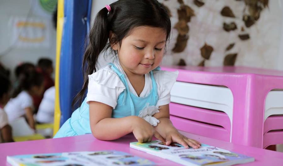 Niña en primera infancia mirando un libro.