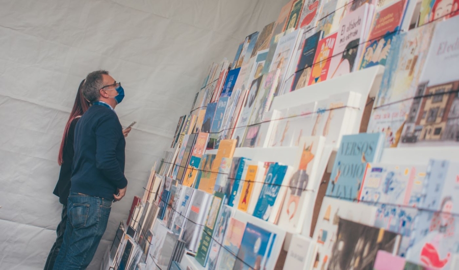 Dos personas viendo un muro con libros 