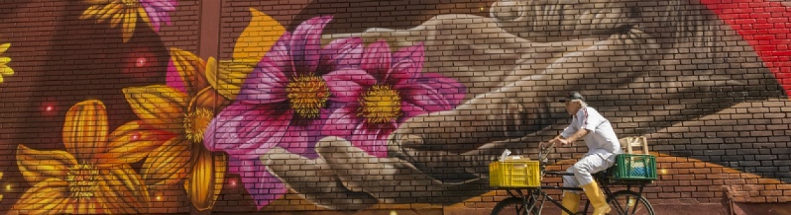 Grafiti de flores amarillas y violetas en la ciudad de Bogotá