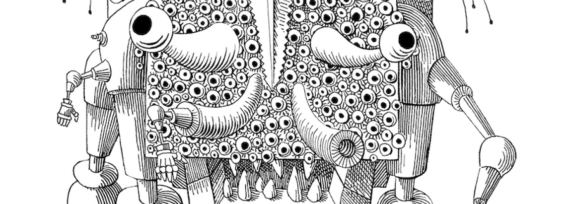 Ilustración en blanco y negro de un personaje cuadrado con muchos ojos. 
