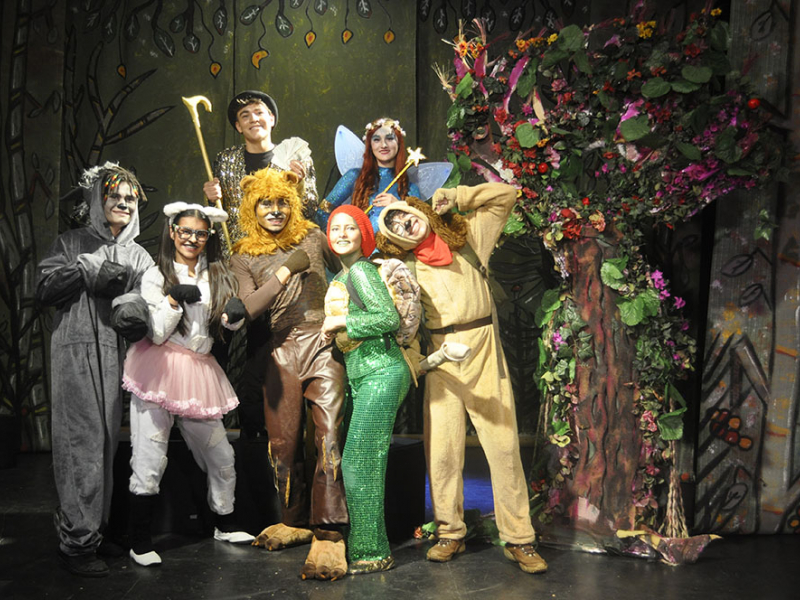 Grupo de actores disfrazados de animales posando en el escenario