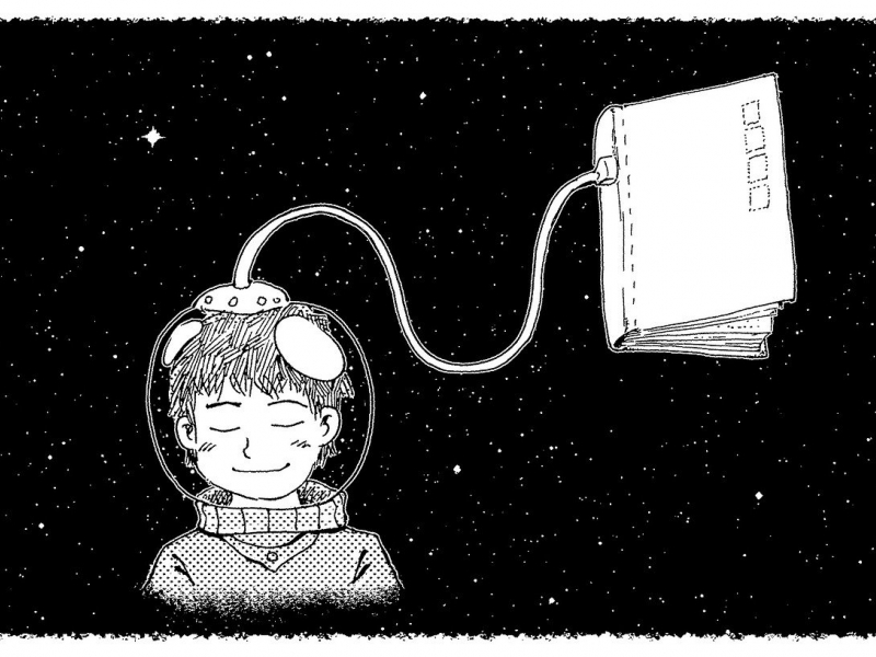 Ilustración de un niño con caso de astronauta conectado a un libro en el espacio. 