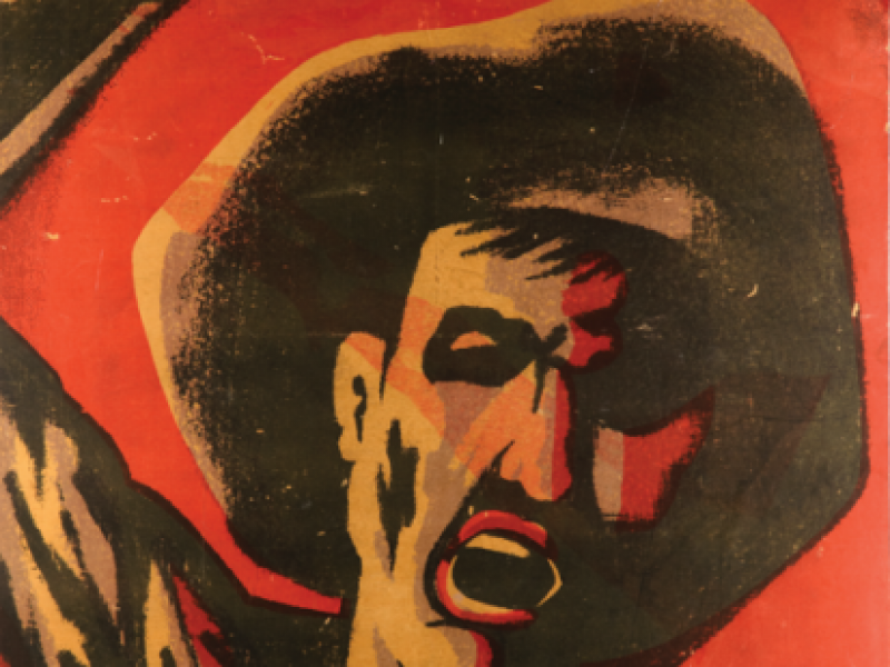 Afiche de la película El río de las tumba con la cara de un hombre en primer plano y el fondo naranja.