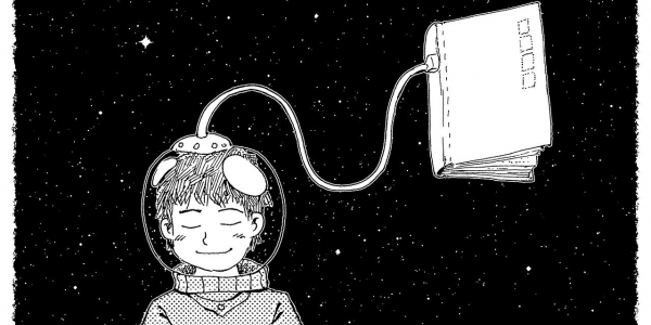 Ilustración de un niño con caso de astronauta conectado a un libro en el espacio. 