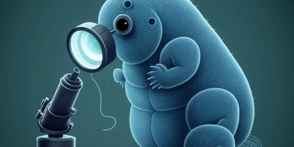 Un oso de agua mirando por un microscopio. Ilustración de inteligencia artificial. 