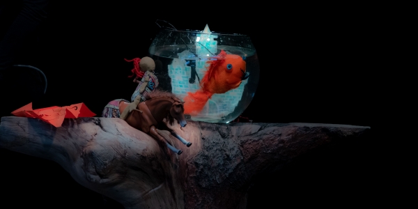 Imagen de fondo negro de una pecera con un pez naranja adentro sobre una piedra